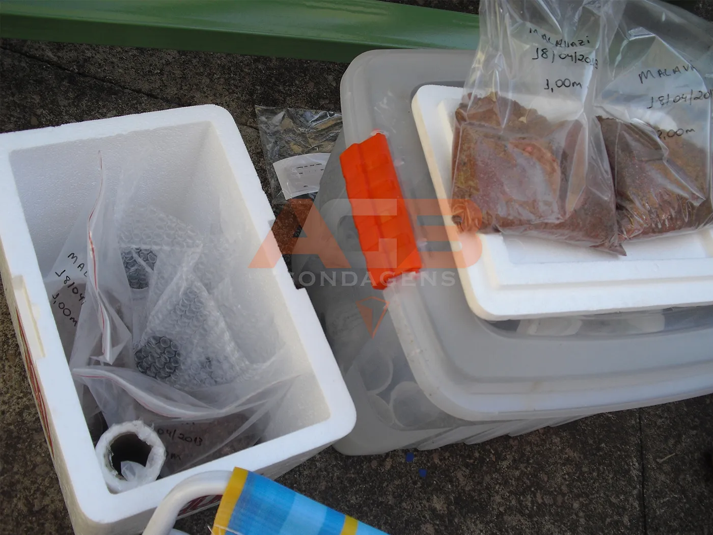 Amostras de solo organizadas em caixa térmica para transporte